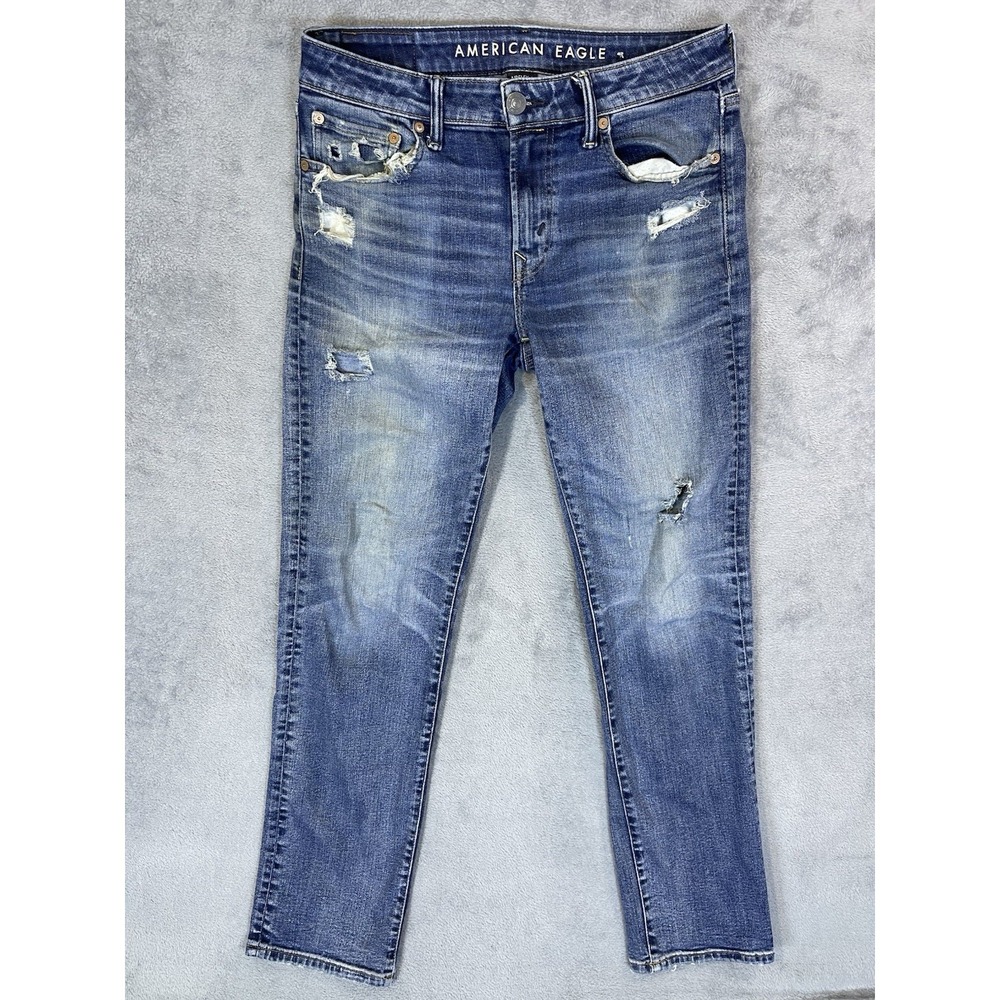 American Eagle Jeans Mens 31x32 Blue Denim Original Straight Distressed Thrashed